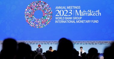 World Bank President Ajay Banga, World Bank Secretary Mercy Tembon, Ukraine Minister of Finance Serhiy Marchenko, International Monetary Fund (IMF) Secretary Ceda Ogada and Managing Director of the International Monetary Fund (IMF), Kristalina Georgieva take a moment of silence for the victims of the earthquake during the annual meeting's plenary at the annual meeting of the International Monetary Fund and the World Bank, following last month's deadly quake, in Marrakech, Morocco, Oct. 13, 2023. (Reuters Photo)