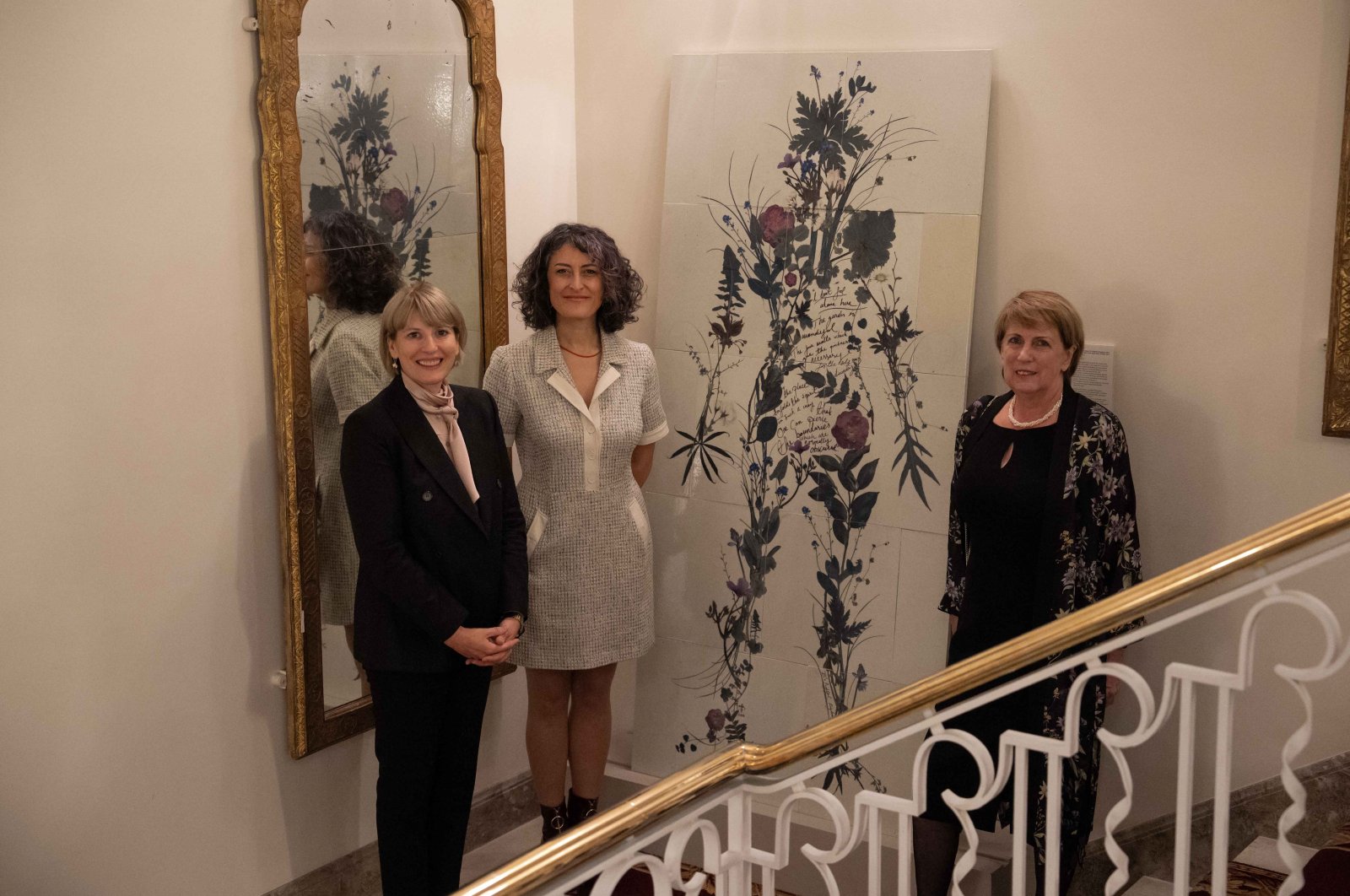 (L-R) Jill Morris, the British Ambassador to Türkiye, artist Burçak Bingöl and and Gill Caldicott, the Country Director of the British Council during the gala event at the embassy, Ankara, Türkiye, Oct. 6, 2023. (Photo courtesy of British Council)