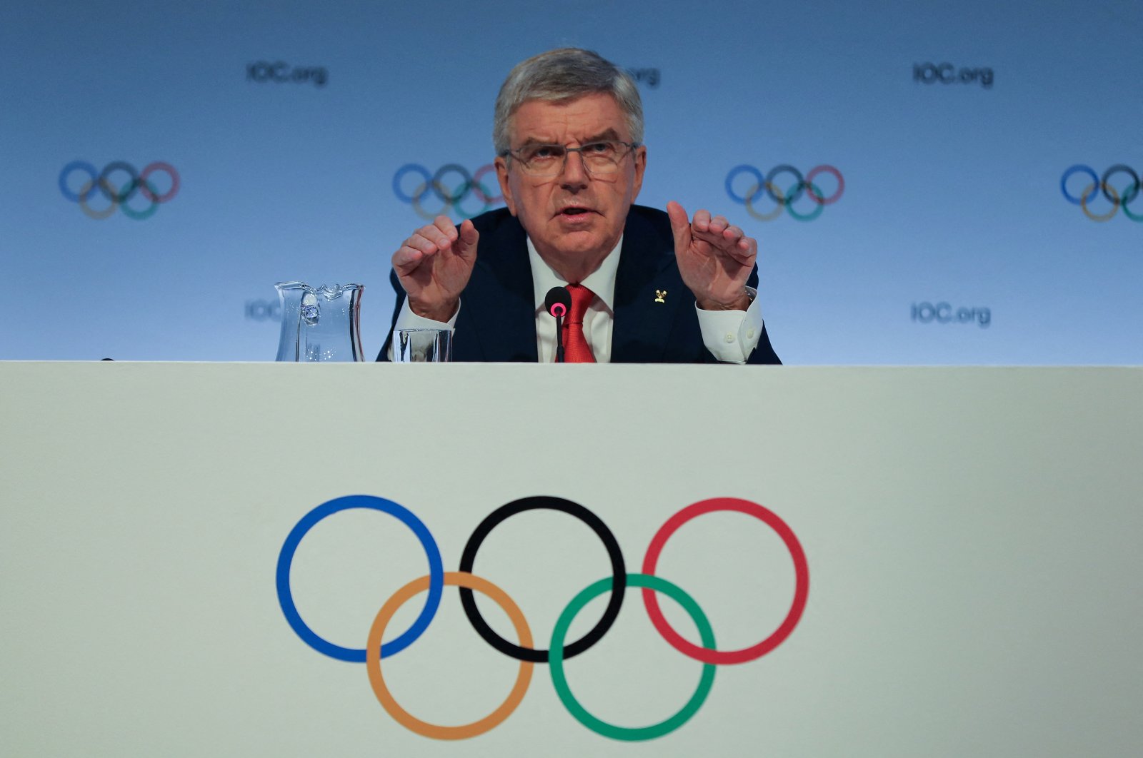 International Olympic Committee (IOC) President Thomas Bach gestures as he speaks during a news conference, ahead of the 141st IOC Session, Mumbai, India, Oct. 13, 2023. (Reuters Photo)