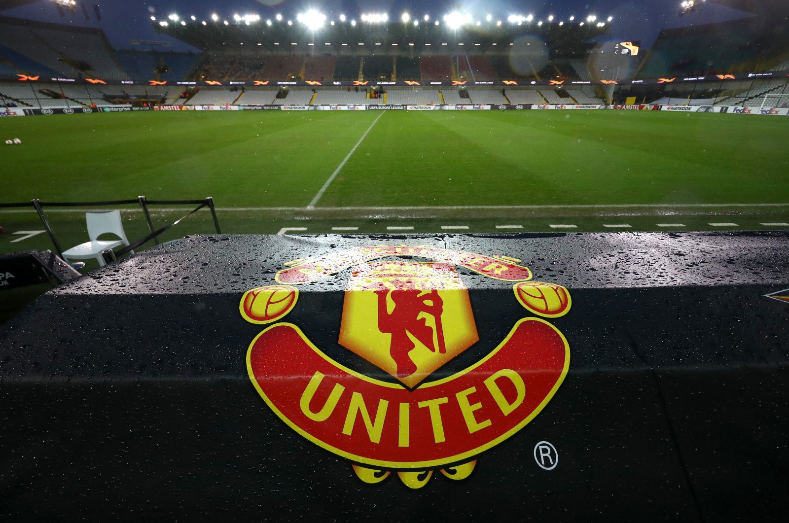 A Manchester United logo is seen inside the stadium prior to the UEFA Europa League round of 32 first leg match between Club Brugge and Manchester United at Jan Breydel Stadium, Brugge, Belgium, Feb. 20, 2020. (Getty Images Photo)
