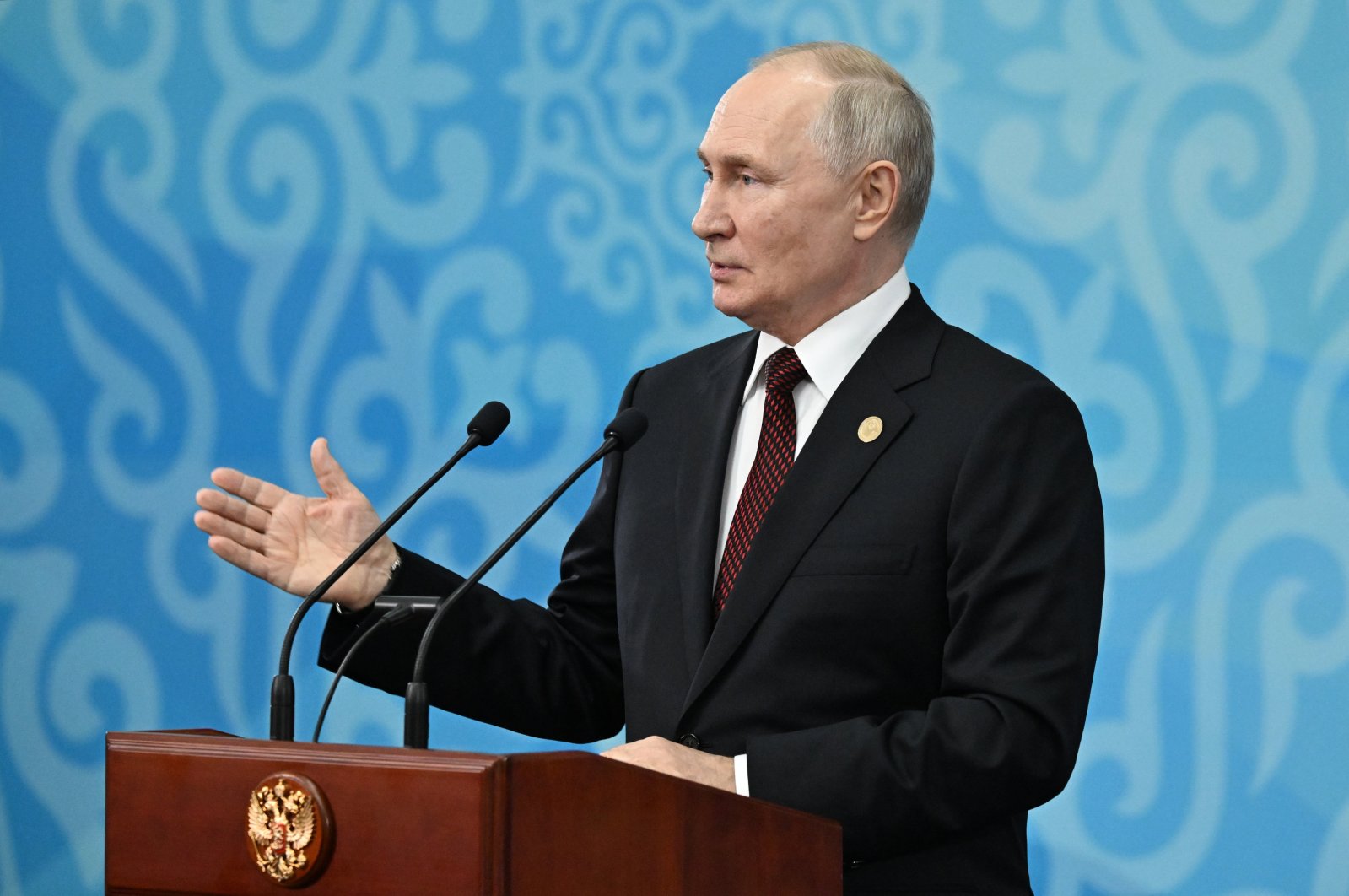 Russian President Vladimir Putin speaks to media in Bishkek, Kyrgyzstan, Oct. 13, 2023. (EPA Photo)