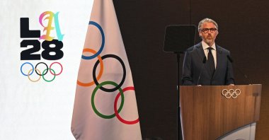 Chairman of LA 2028 Olympic Games, Casey Wasserman speaks during the second day of the 141st International Olympic Committee (IOC) session, Mumbai, India, Oct. 16, 2023. (AFP Photo)