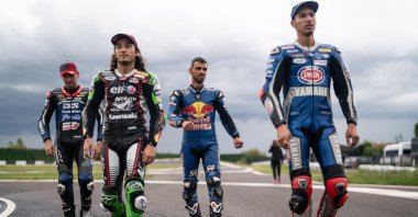 (L-R) Turkish motorcyclists Bahattın Sofuoğlu, Can Öncü, Kenan Sofuoğlu and  Toprak Razgatlıoğlu walk in the tracks at the Kenan Sofuoğlu Circuit, Sakarya, Türkiye, Oct. 4, 2023. (Photo by Serkan Ünlü)