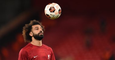 Liverpool's Mohamed Salah warms up before the UEFA Europa League Group E match between Liverpool and Union SG in Liverpool, Britain, Oct. 5, 2023.  (EPA File Photo)