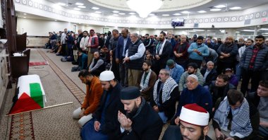 Community members pray during a funeral service for six-year-old Wadea Al-Fayoume at the Mosque Foundation on Oct. 16, 2023. (AFP Photo)
