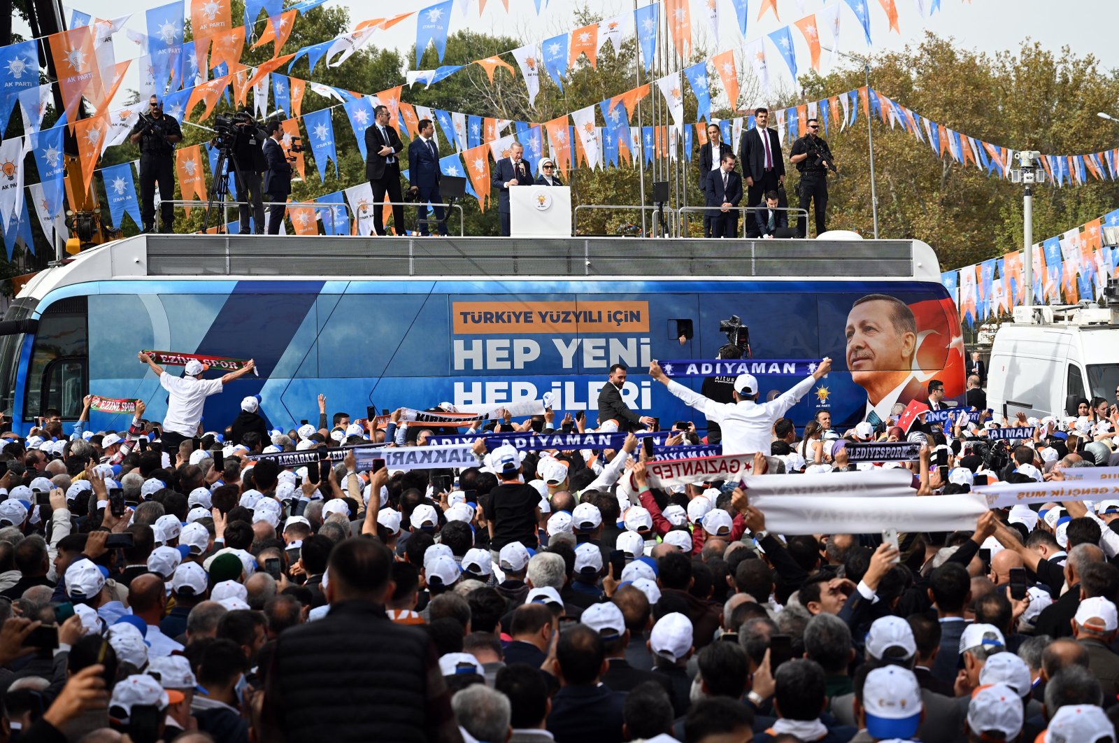 Justice and Development Party (AK Party) chairperson, President Recep Tayyip Erdoğan, addresses supporters before a congress of the party, in the capital Ankara, Türkiye, Oct. 7, 2023. (AA Photo)