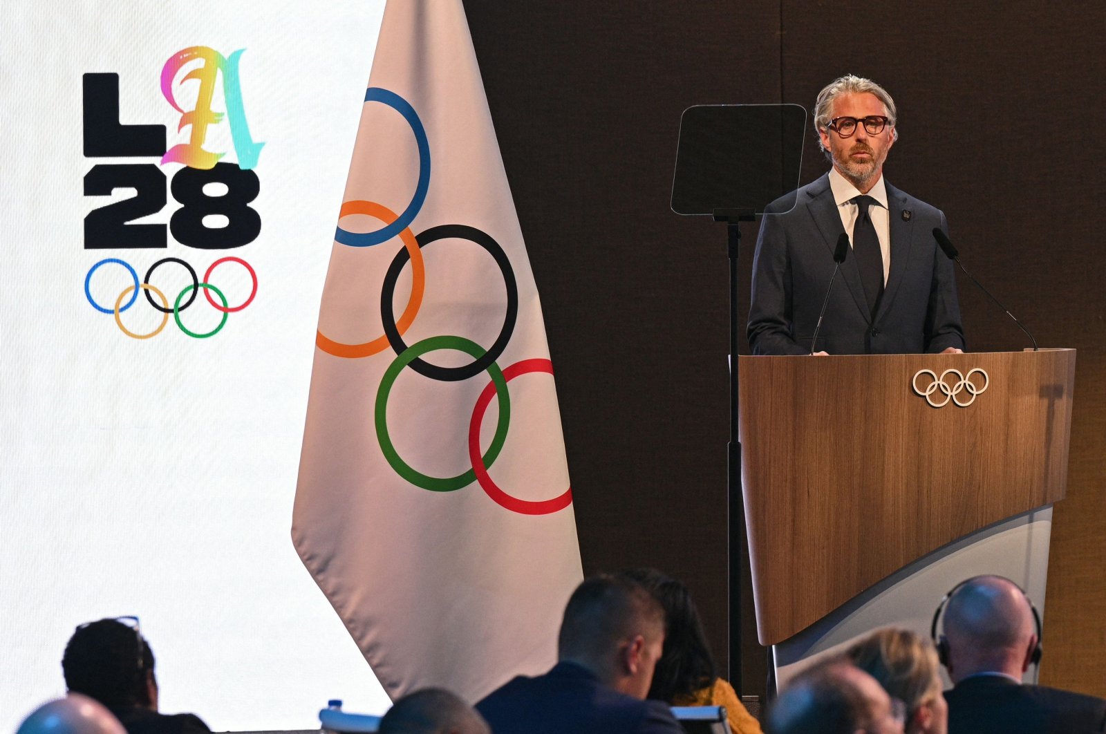 Chairman of LA 2028 Olympic Games, Casey Wasserman speaks during the second day of the 141st International Olympic Committee (IOC) session, Mumbai, India, Oct. 16, 2023. (AFP Photo)