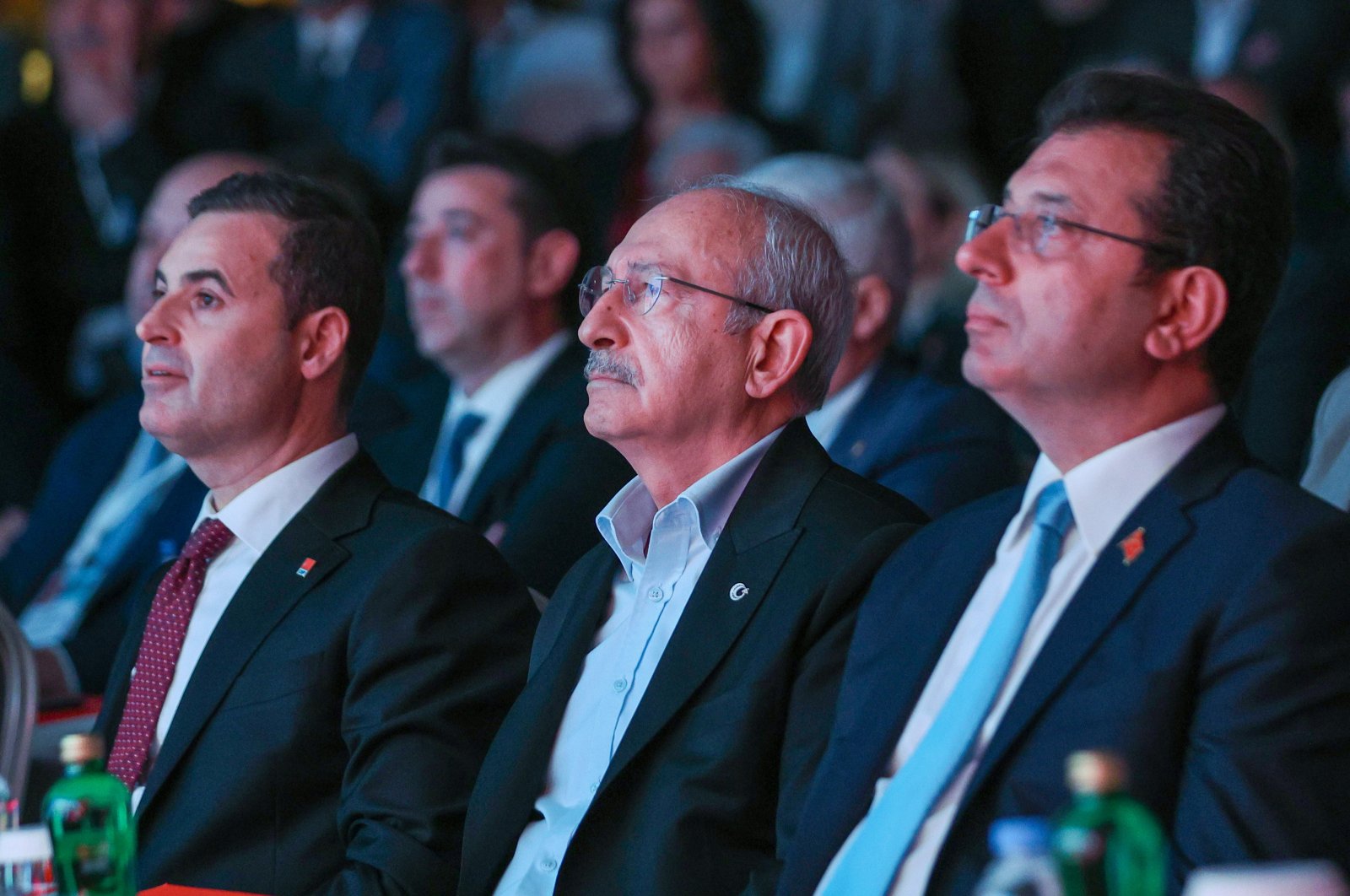 Kemal Kılıçdaroğlu (C) attends a local administration workshop of his Republican People&#039;s Party (CHP) with Istanbul Mayor Ekrem Imamoğlu (R) and Deputy Chair Ahmet Akın (L), northwestern Kocaeli province, Türkiye, Oct. 15, 2023. (AA Photo)