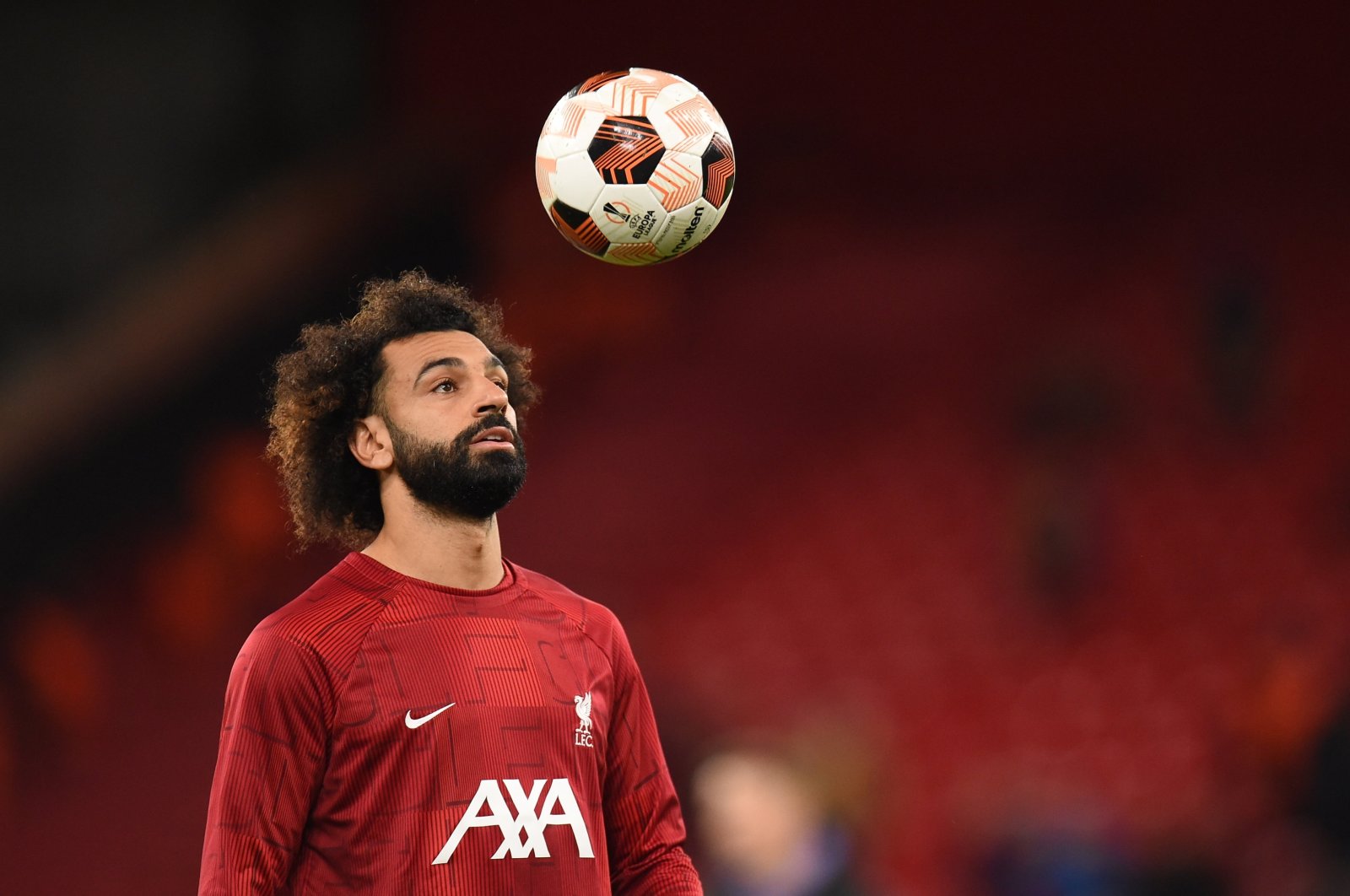 Liverpool&#039;s Mohamed Salah warms up before the UEFA Europa League Group E match between Liverpool and Union SG in Liverpool, Britain, Oct. 5, 2023.  (EPA File Photo)