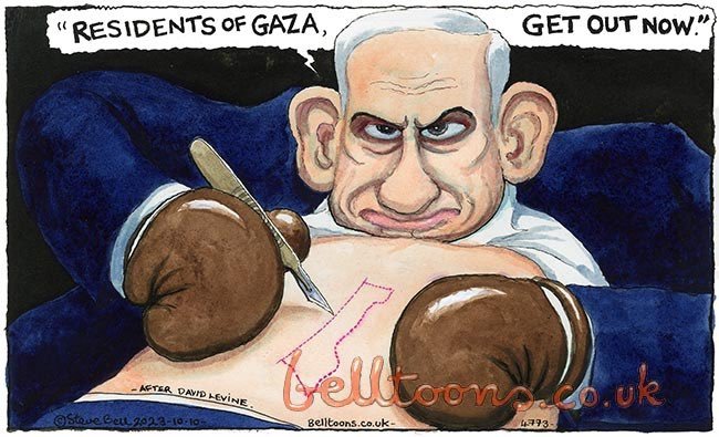 The cartoon in question shows Netanyahu preparing to operate on himself with an outline of Gaza visible on his stomach. (Steve Bell on X)