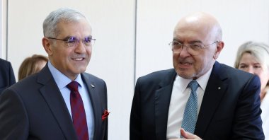 Deputy Foreign Minister Burak Akçapar (L) and Greek Deputy Foreign Minister Konstantinos Fragogiannis meet in Athens, Greece, Oct. 16, 2023. (AA Photo)