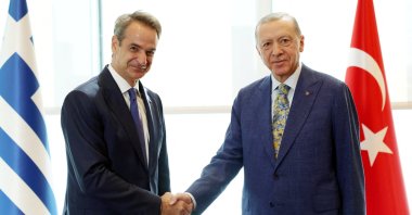 President Recep Tayyip Erdoğan meets with Greek Prime Minister Kyriakos Mitsotakis in New York, U.S., Sept. 20, 2023. (Reuters Photo)
