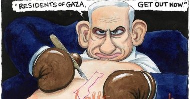 The cartoon in question shows Netanyahu preparing to operate on himself with an outline of Gaza visible on his stomach. (Steve Bell on X)