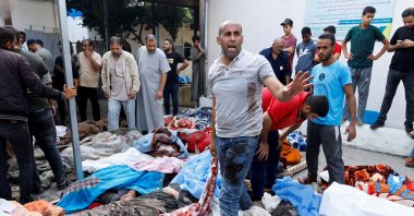 Bodies of Palestinians killed in Israeli strikes line the floor of a hospital in the southern Gaza Strip, Palestine, Oct. 17, 2023. (Reuters Photo)