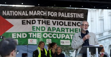 Former leader of the Labour Party Jeremy Corbyn speaks during a protest in solidarity with Palestinians, London, Britain, Oct. 14, 2023. (Reuters File Photo)