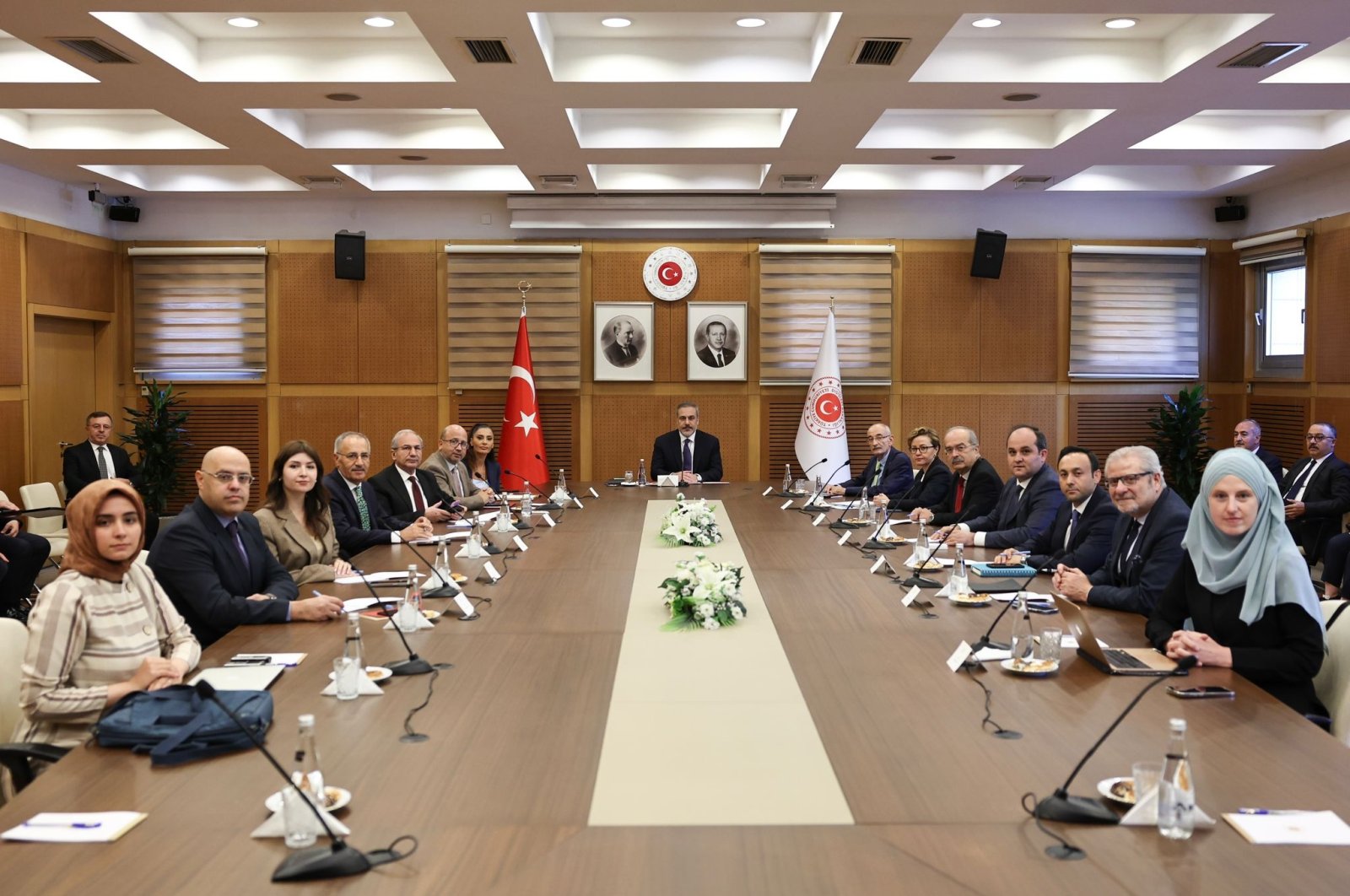 Foreign Minister Hakan Fidan is seen with Ankara Bureau Chiefs of newspapers including Daily Sabah&#039;s Dilara Aslan Özer, at the ministry in Ankara, Türkiye, Oct. 16, 2023 (Courtesy of the ministry)