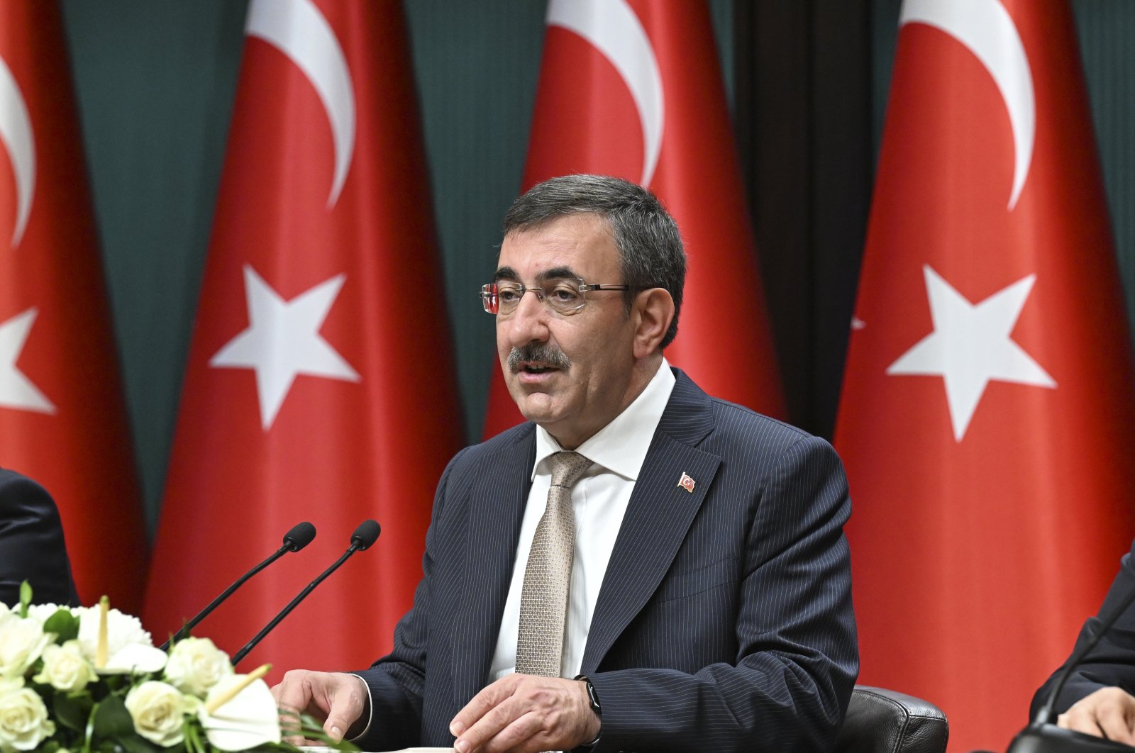 Vice President Cevdet Yılmaz delivers the speech during a news conference on the budget proposal, in the capital Ankara, Türkiye, Oct. 17, 2023. (AA Photo)