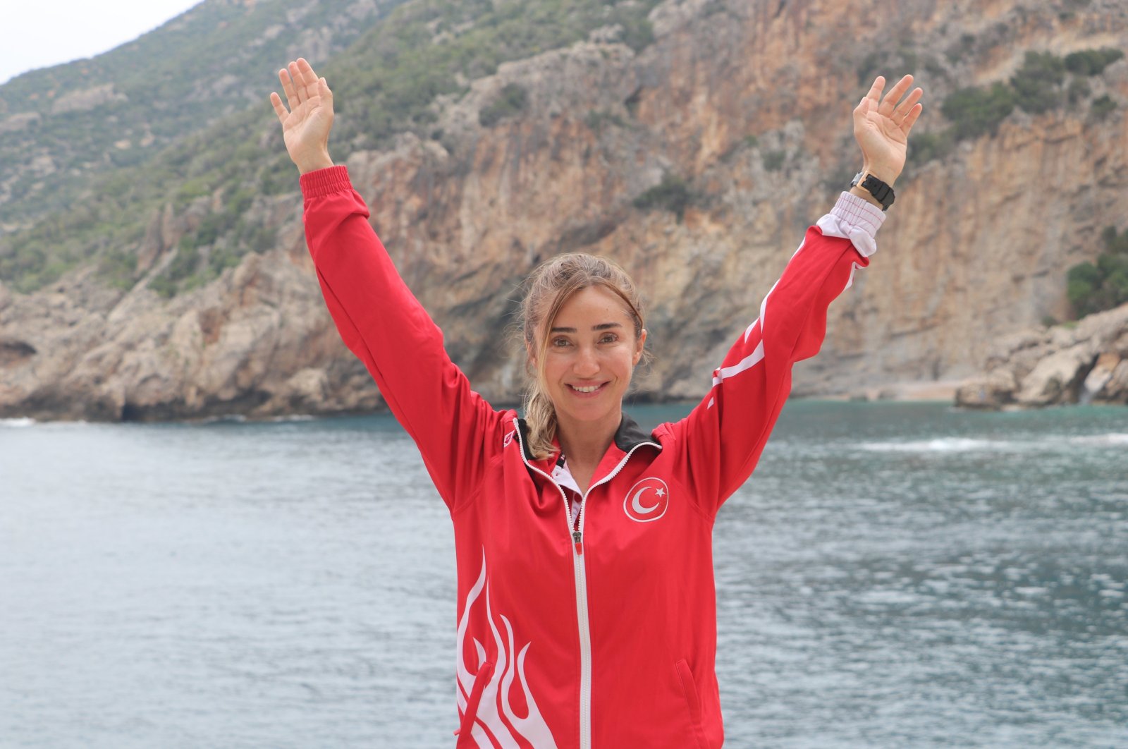 Turkish diver Şahika Ercümen after breaking  Lena Balta&#039;s 105 meters record at the coast of Karamağara Bay, located in the Yayladağı, Hatay, Türkiye, Oct. 14, 2023. (AA Photo)