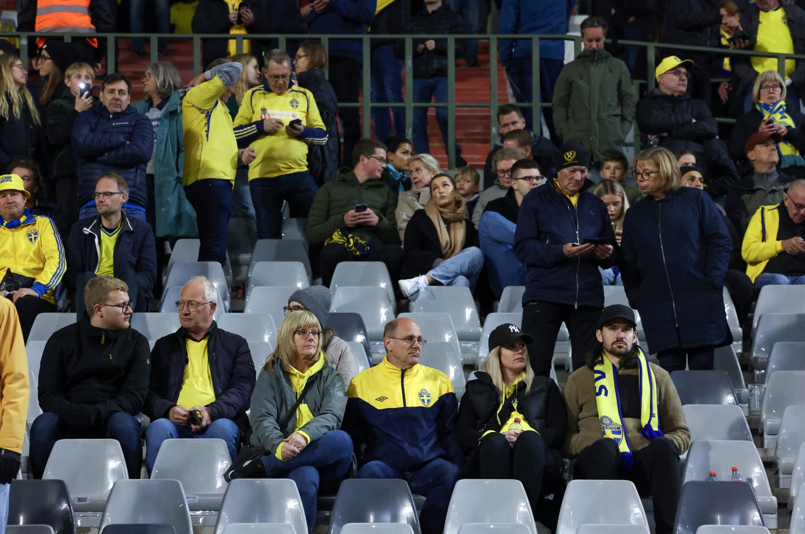 Sweden fans inside the King Baudouin Stadium after the Euro 2024 qualifiers Group F match between Belgium and Sweden was suspended following a shooting, Brussels, Belgium, Oct. 16, 2023. (Reuters Photo)