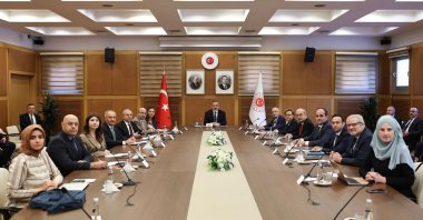 Foreign Minister Hakan Fidan is seen with Ankara Bureau Chiefs of newspapers including Daily Sabah's Dilara Aslan Özer, at the ministry in Ankara, Türkiye, Oct. 16, 2023 (Courtesy of the ministry)