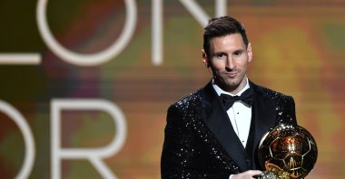 Lionel Messi is awarded with his seventh Ballon D'Or award during the Ballon D'Or Ceremony at Theatre du Chatelet, Paris, France, Nov. 29, 2021. (Getty Images Photo)