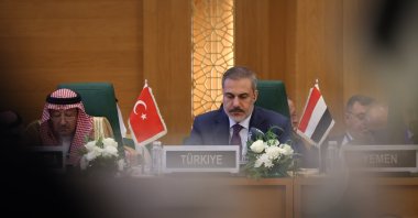 Foreign Minister Hakan Fidan attends an extraordinary meeting of the Organisation of Islamic Cooperation (OIC) in Jeddah, Saudi Arabia, Oct. 18, 2023. (AA Photo)