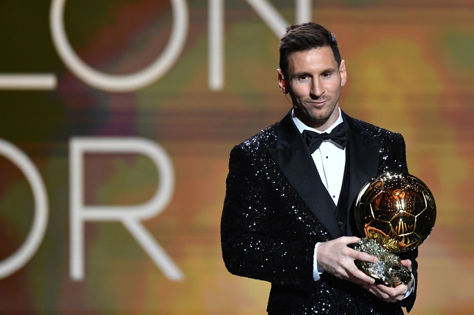 Lionel Messi is awarded with his seventh Ballon D&#039;Or award during the Ballon D&#039;Or Ceremony at Theatre du Chatelet, Paris, France, Nov. 29, 2021. (Getty Images Photo)
