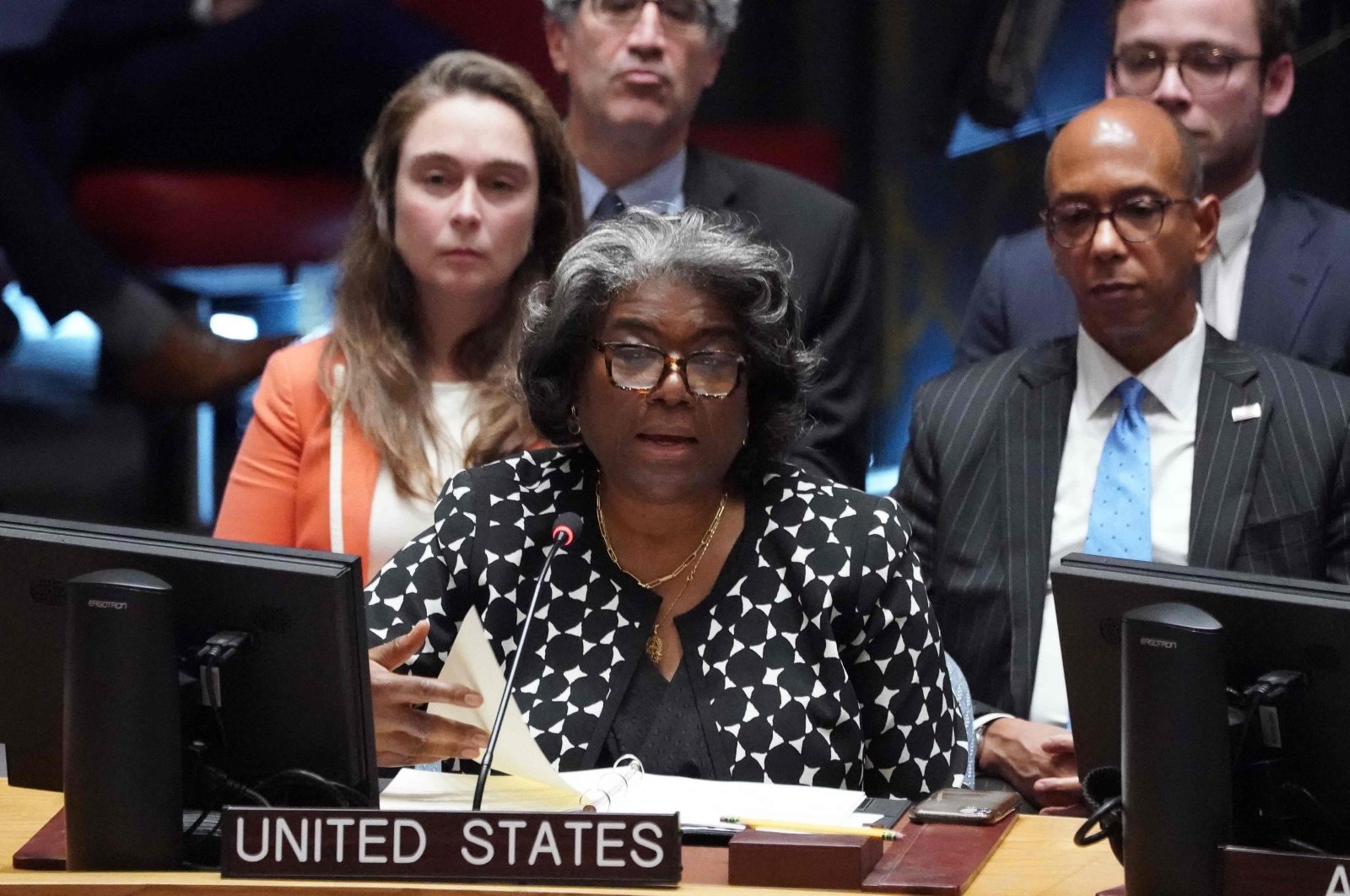 U.S. Ambassador to the U.N. Linda Thomas-Greenfield speaks at the Security Council meeting on the situation in the Middle East, including the Palestinian question, at the United Nations headquarters, New York, U.S., Oct. 18, 2023. (AFP Photo)