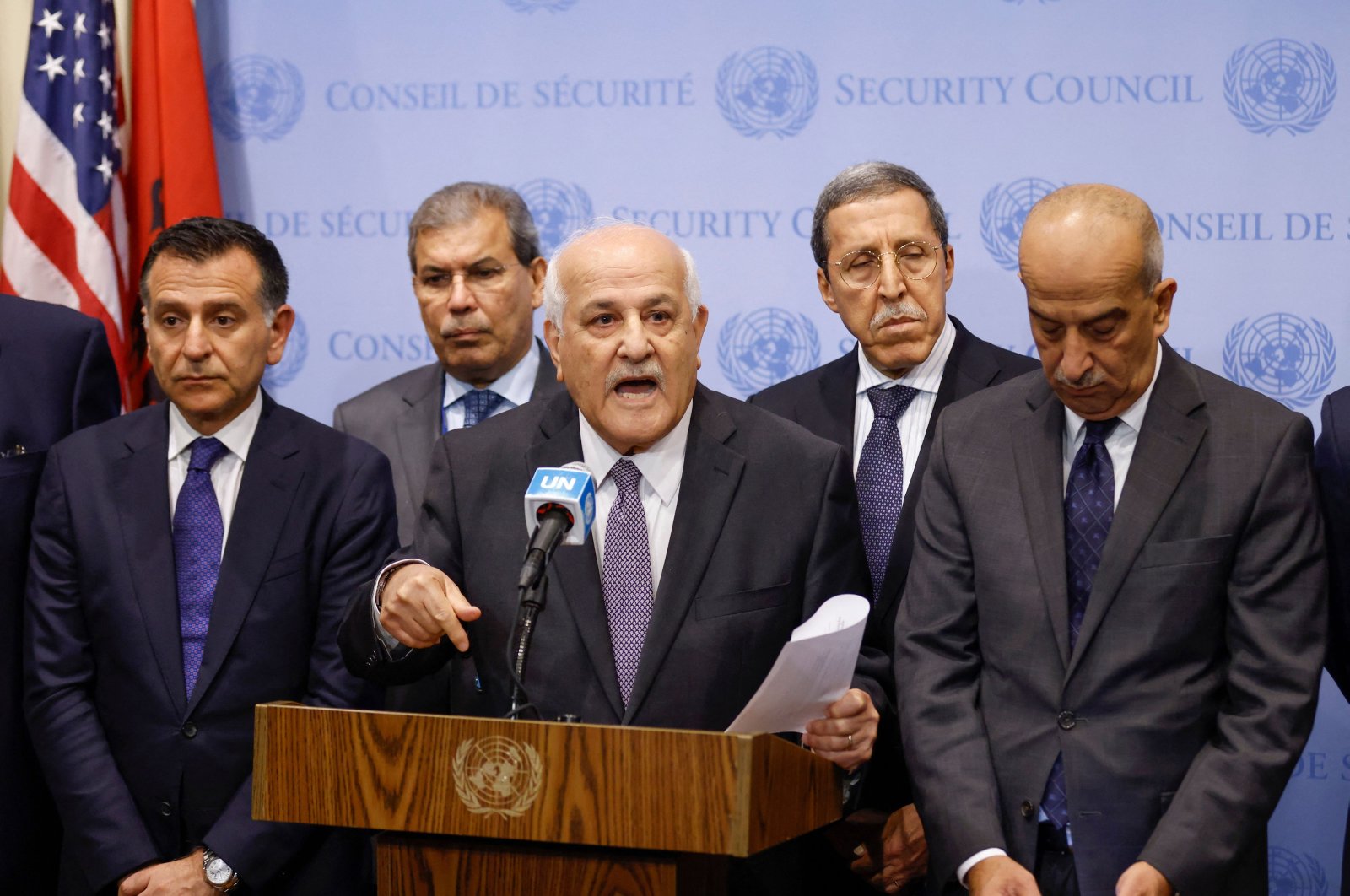 Riyad H. Mansour, ambassador of the Permanent Observer Mission of the State of Palestine to the United Nations, speaks alongside members from Arab countries before a Security Council meeting at the U.N. headquarters in New York City, U.S., Oct. 13, 2023. (AFP Photo)