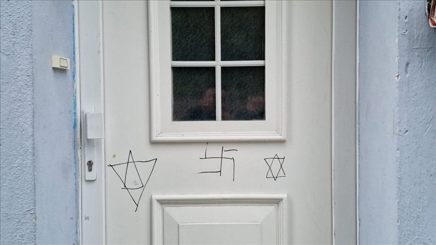 The vandalized door of the mosque, Bochum, Germany, Oct. 18, 2023. (AA Photo)