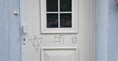 The vandalized door of the mosque, Bochum, Germany, Oct. 18, 2023. (AA Photo)