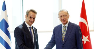 President Recep Tayyip Erdoğan meets with Greek Prime Minister Kyriakos Mitsotakis in New York, U.S., Sept. 20, 2023. (Reuters Photo)