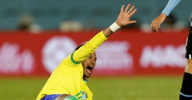 Brazil's Neymar reacts after sustaining an injury during the World Cup South American Qualifiers against Uruguay at the Estadio Centenario, Montevideo, Uruguay, Oct. 17, 2023. (Reuters Photo)