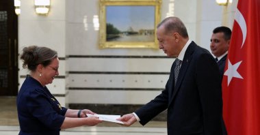 President Recep Tayyip Erdoğan receives the letter of credence from Israel&#039;s ambassador to Ankara, Irit Lillian, on Dec. 27, 2022. (Reuters File Photo)