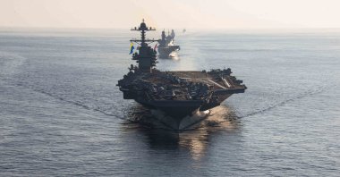 Aircraft carrier USS Gerald R. Ford (CVN 78) in the Ionian Sea, part of the Mediterranean Sea, Oct. 4, 2023. (U.S. Navy handout via EPA File Photo)