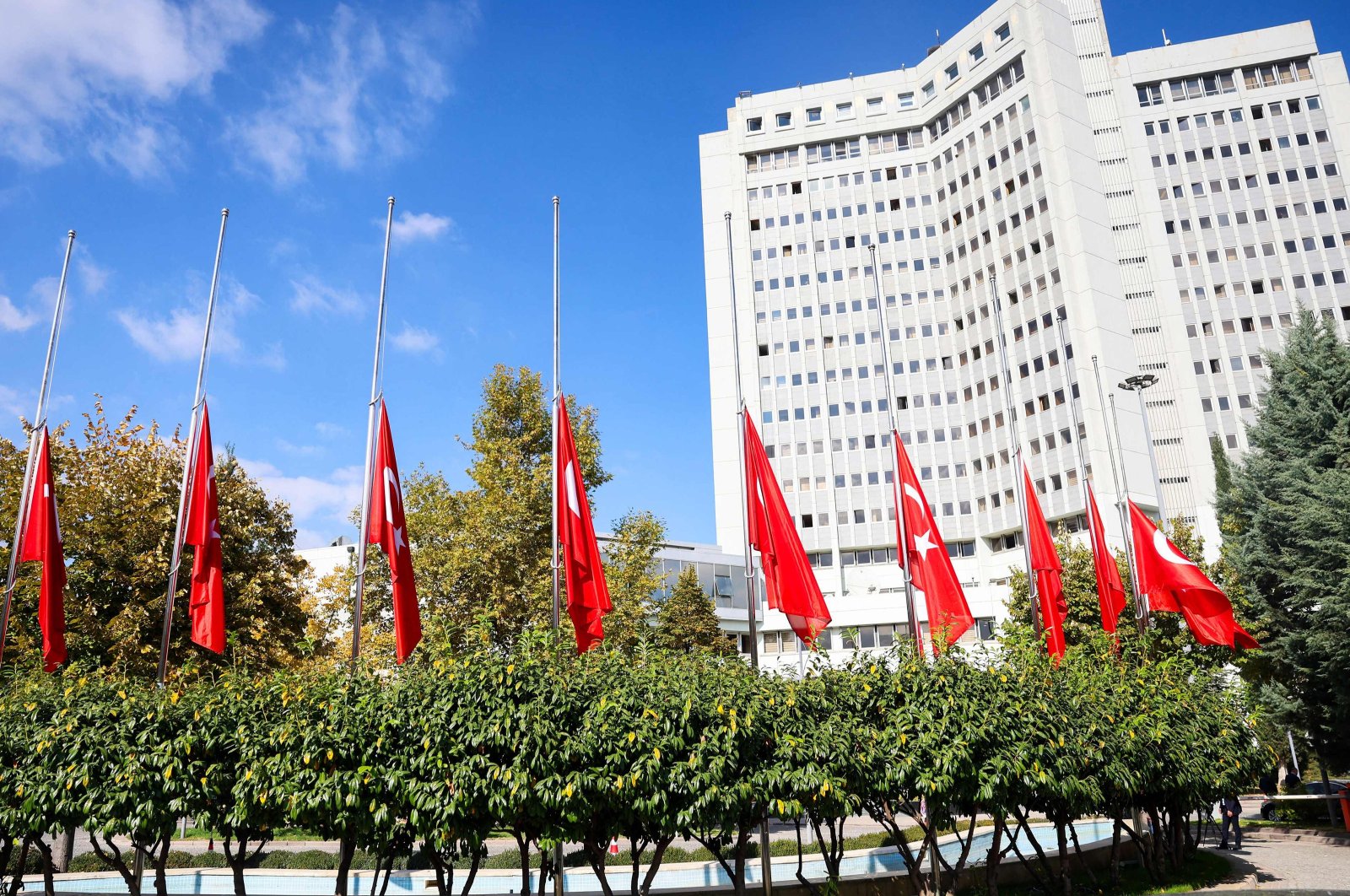 Turkish flags at half-mast in front of the Foreign Ministry after Türkiye declared a 3-day national mourning over an Israeli deadly strike on a hospital in warn-torn Gaza that killed hundreds, in Ankara, Türkiye Oct. 19, 2023. (AFP Photo)