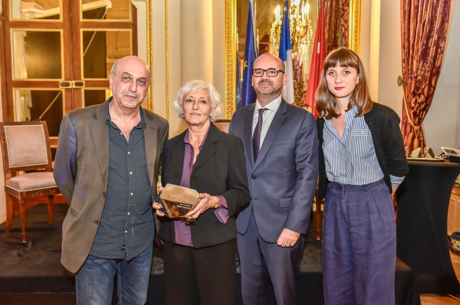 (L-R) Jury head Timour Muhidine, Siren Idemen, Olivier Gauvin, consul general of France in Istanbul, Sophie Gauthier-Aydoğdu-Institut français Ankara Director, Istanbul, Türkiye, Oct. 17, 2023. (Photo courtesy of Institut français)