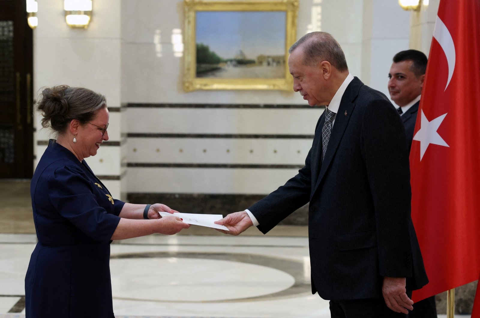 President Recep Tayyip Erdoğan receives the letter of credence from Israel&#039;s ambassador to Ankara, Irit Lillian, on Dec. 27, 2022. (Reuters File Photo)