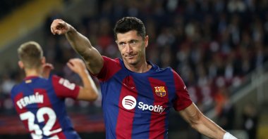 Robert Lewandowski reacts during a match between FC Barcelona and Sevilla FC, Barcelona, Spain, Sept. 29, 2023. (Getty Images Photo)