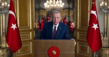 President Recep Tayyip Erdoğan sends video message to the 9th Turkish Medical World Congress, Istanbul, Türkiye, Oct. 20, 2023. (IHA Photo)