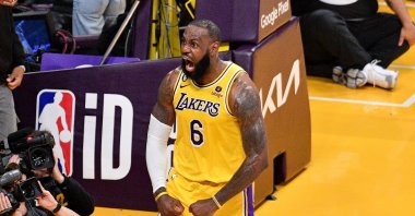 Lakers’ LeBron James celebrates after making a basket during overtime of a game against the Memphis Grizzlies at Crypto.com Arena, Los Angeles, California, U.S., April 24, 2023. (Getty Images Photo)