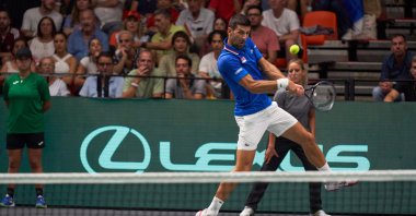 Novak Djokovic of Serbia plays against Spain&#039;s Alejandro Davidovich Fokina during the Valencia Davis Cup finals at Fuente de San Luis Stadium, Valencia, Spain, Aug. 15, 2023. (Getty Images)