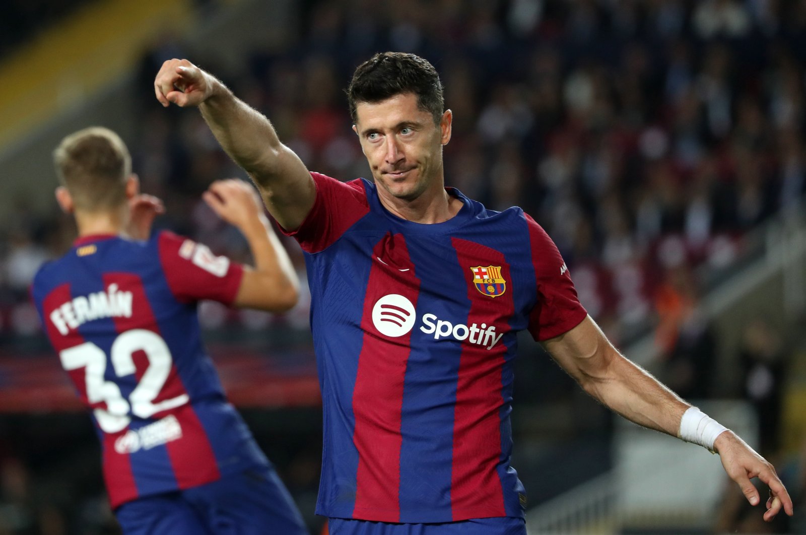 Robert Lewandowski reacts during a match between FC Barcelona and Sevilla FC, Barcelona, Spain, Sept. 29, 2023. (Getty Images Photo)
