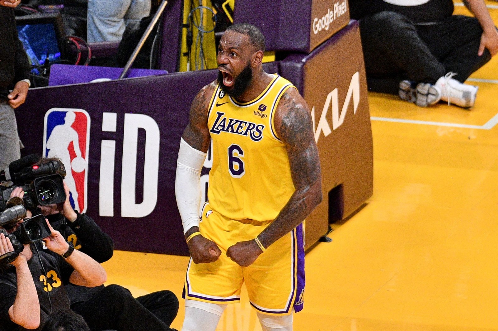 Lakers’ LeBron James celebrates after making a basket during overtime of a game against the Memphis Grizzlies at Crypto.com Arena, Los Angeles, California, U.S., April 24, 2023. (Getty Images Photo)