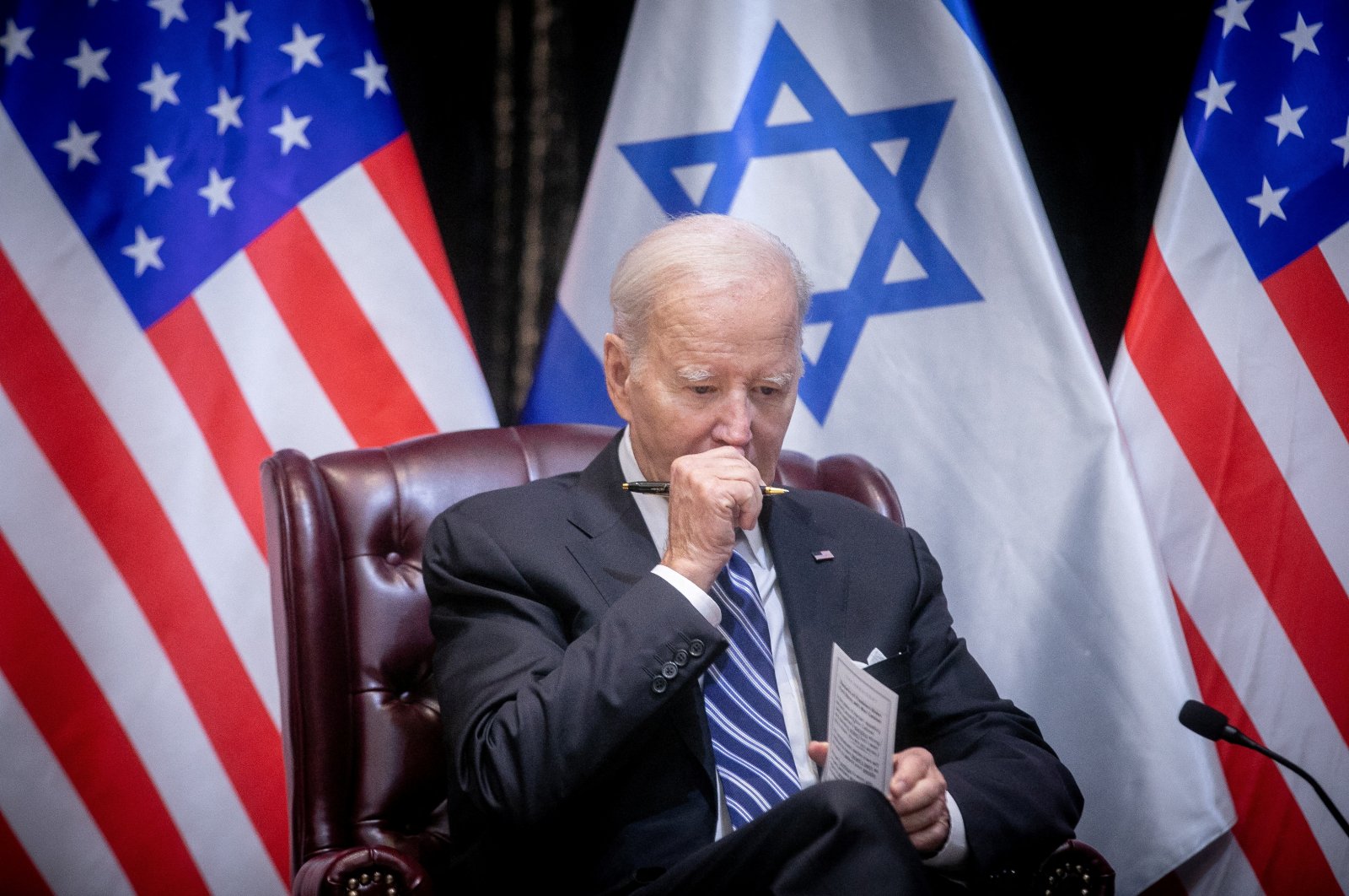 U.S. President Joe Biden pauses during a meeting with Israeli Prime Minister Benjamin Netanyahu, as they discuss the ongoing conflict between Israel and Palestine, in Tel Aviv, Israel, Oct. 18, 2023. (Reuters Photo)