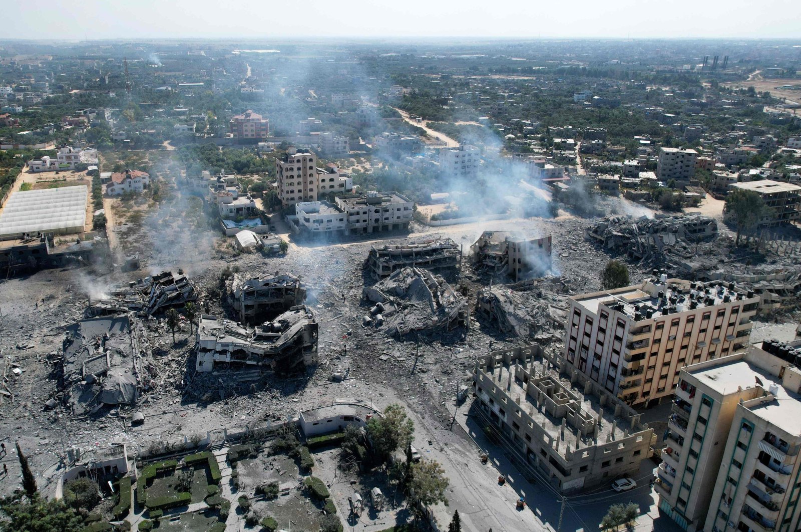 An areal view shows destroyed buildings in al-Zahra city south of Gaza City, Palestine, Oct. 20, 2023. (AFP Photo)