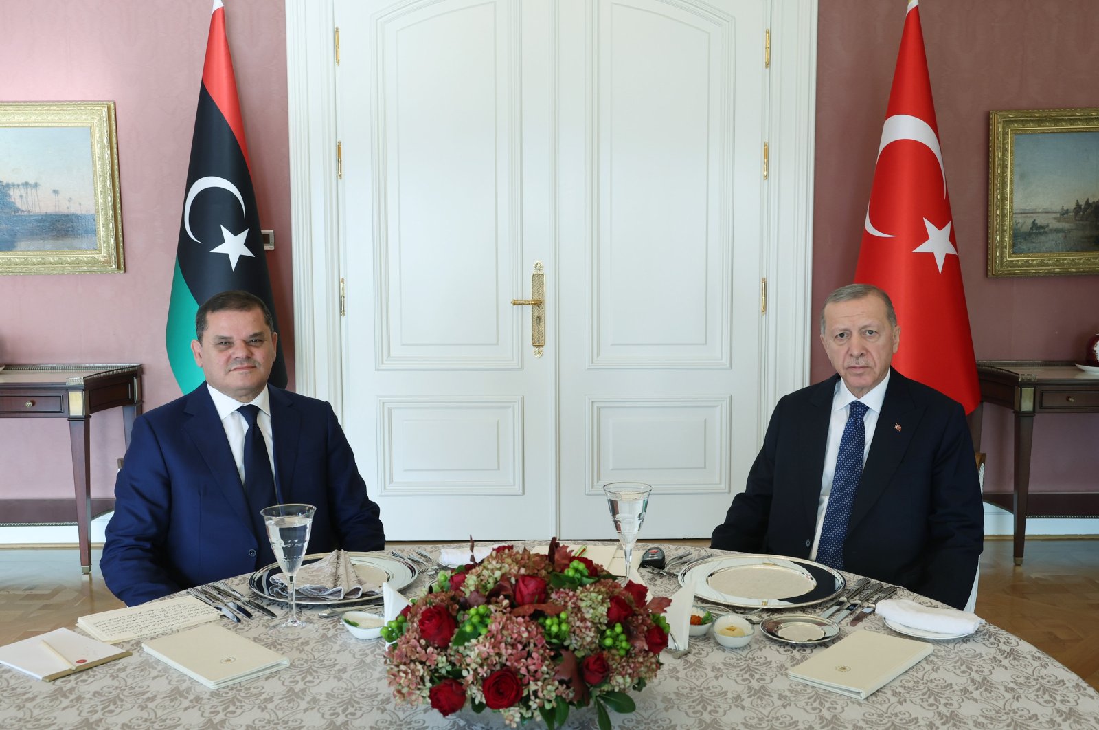 President Recep Tayyip Erdoğan (R) and Libya&#039;s Prime Minister Abdul Hamid Dbeibah in Istanbul, Türkiye, Oct. 20, 2023. (AA Photo)