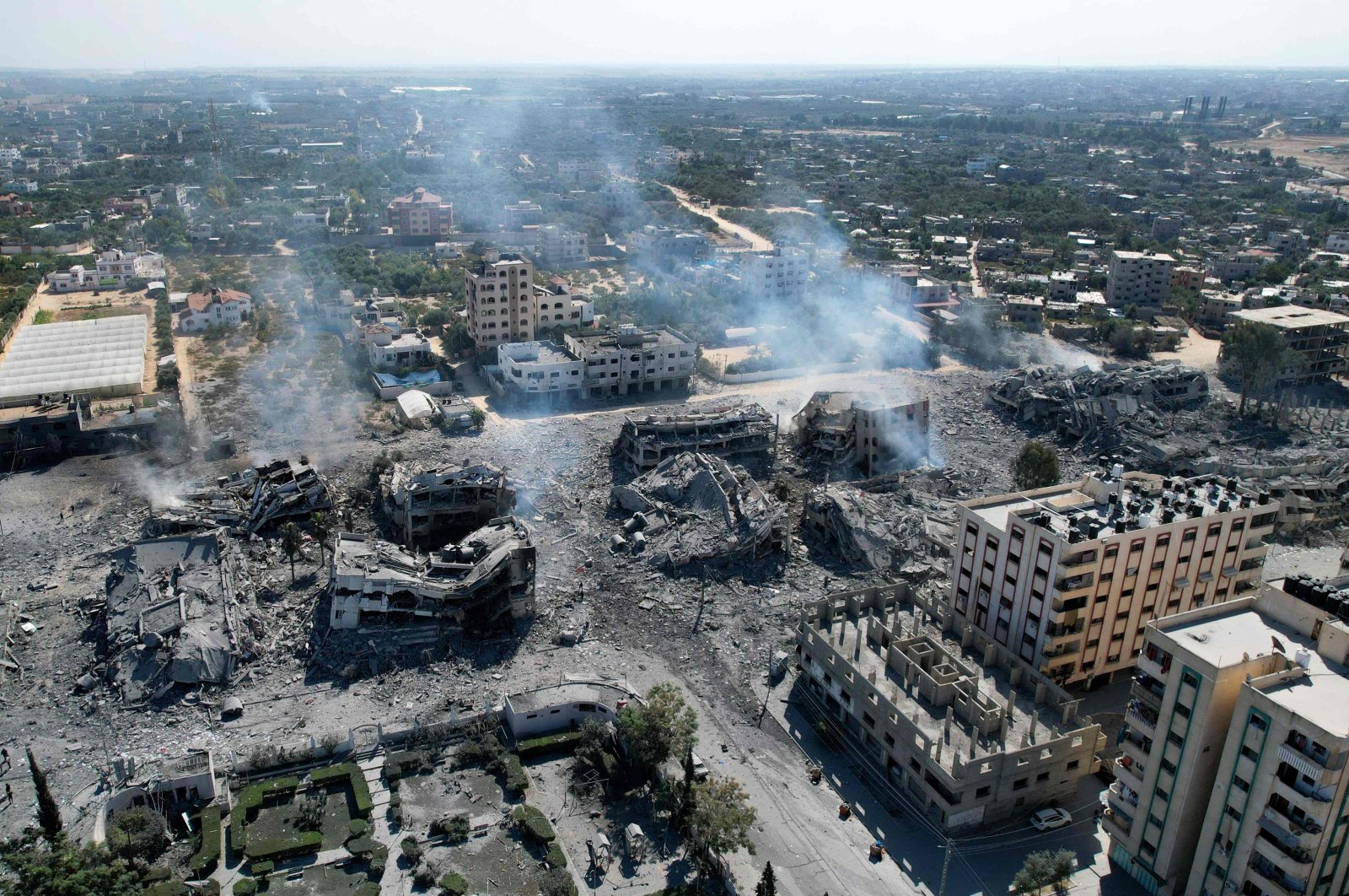 An aerial view shows destroyed buildings in al-Zahra city south of Gaza City, Palestine, Oct. 20, 2023. (AFP Photo)