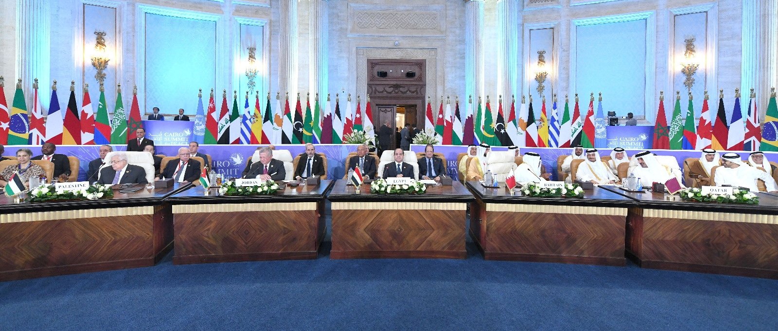 Egyptian President Abdel Fattah el-Sissi and other leaders attend the Cairo international summit for peace in the Middle East in the New Administrative Capital (NAC), east of Cairo, Egypt, Oct. 21, 2023. (The Egyptian Presidency/Handout via Reuters)