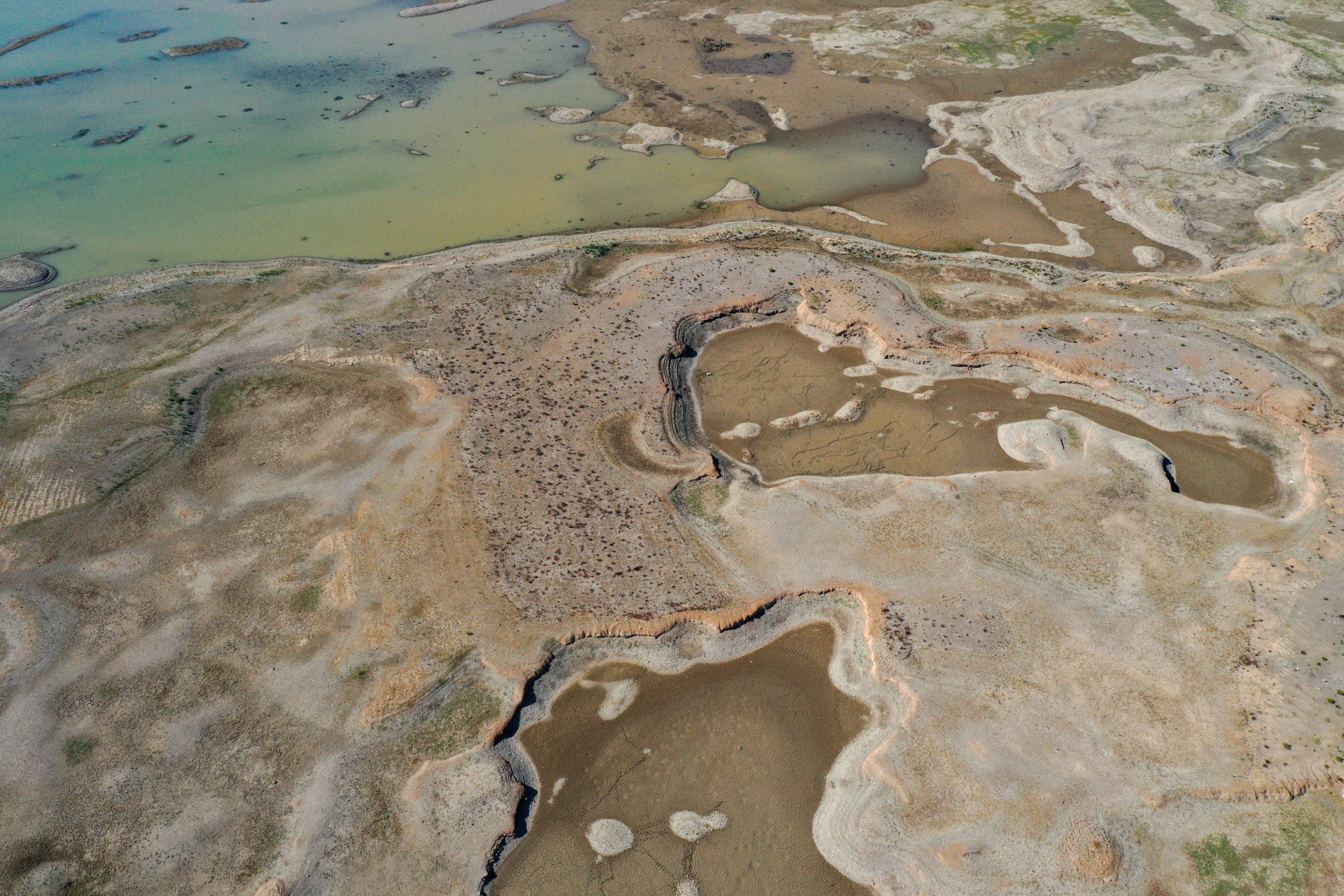 Aerial view of one of the depleted dams providing water supply to Izmir, western Türkiye, Oct. 21, 2023. (AA Photo)